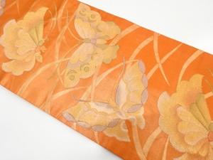 芝草に蝶模様織り出し　名古屋帯